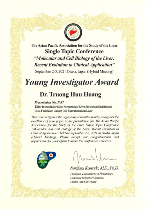 肝胆膵病態内科学のHieu Ngoc Vu大学院生、Truong Huu Hoang大学院生が、アジア太平洋肝臓学会（The Asian Pacific Association for the Study of the Liver, APASL Single Topic Conference）で、Young Investigator Awardを受賞しました