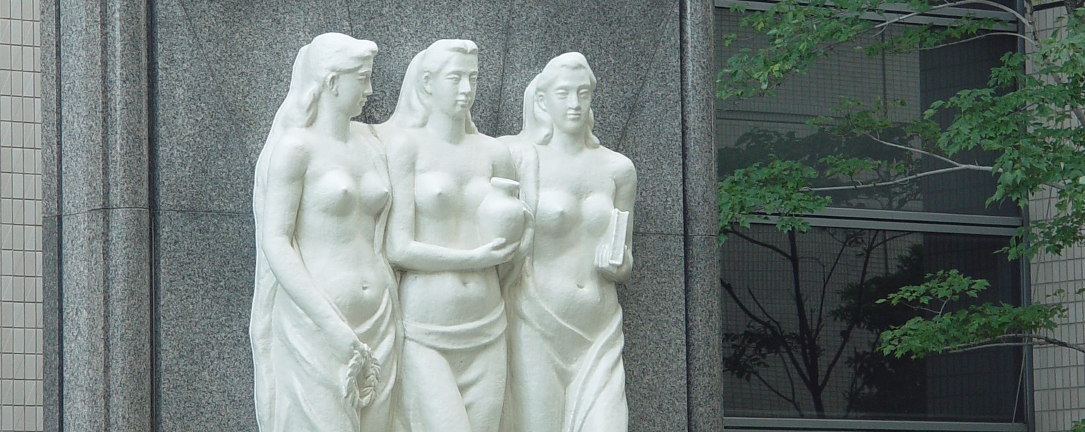 Statue of three women representing the Confucian virtues of wisdom, valor, and benevolence