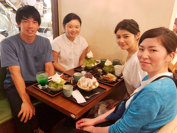 Eating green tea sweets with Erika, Mari and Kenta